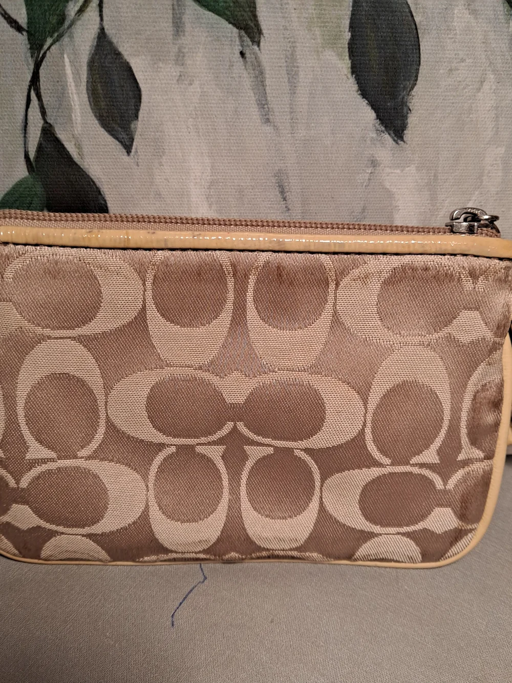 Coach Poppy Signature Khaki Gold Y2k Monogram Jacquard Zip Top Wristlet Pouch